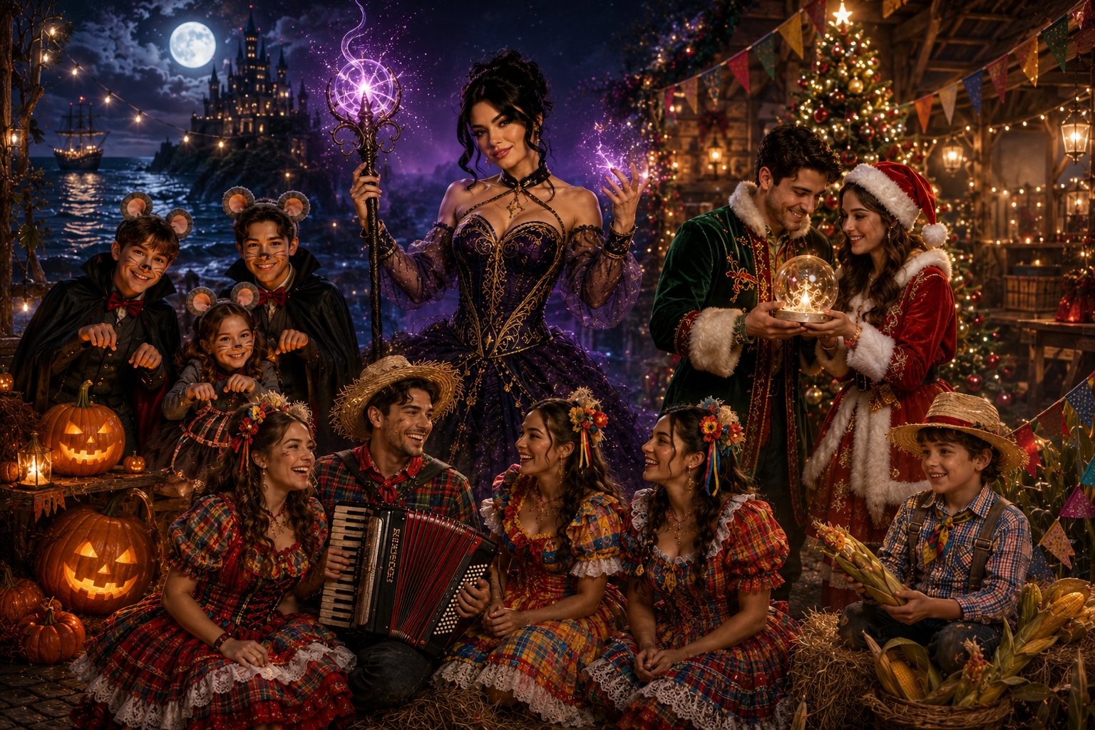 Collage dos personagens sazonais: Bruxa do Mar, Ratinhos no Halloween, Turma Junina e Natal Encantado