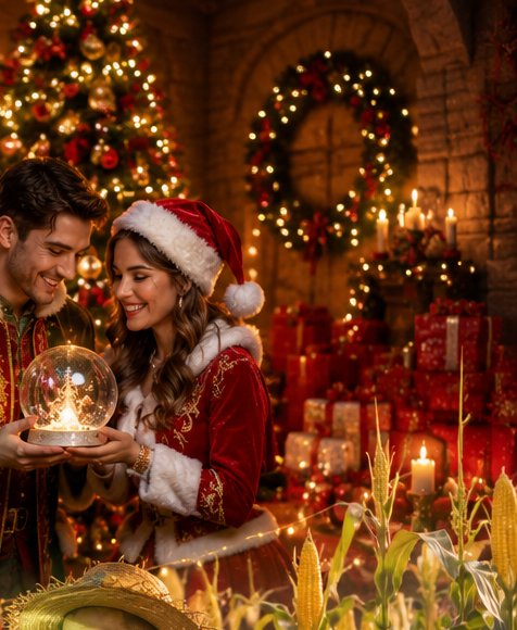 Casal natalino segurando um globo de neve encantado ao lado da árvore de Natal
