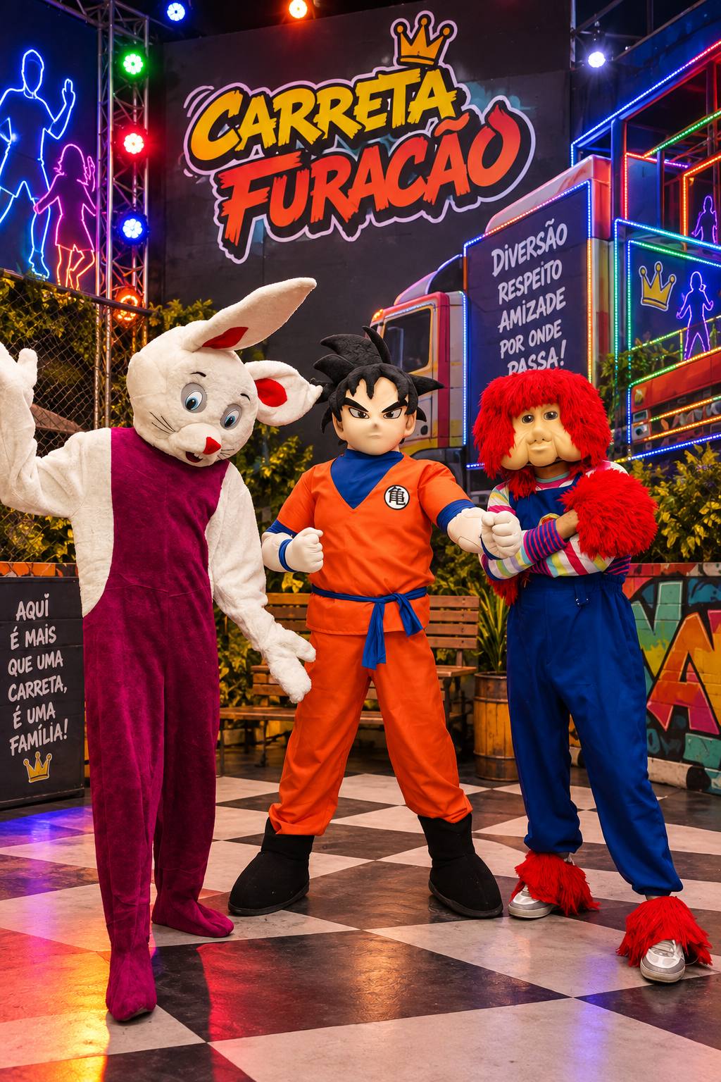 O trio da carreta — o coelho, o guerreiro de laranja e o de cabelo vermelho — diante do painel iluminado