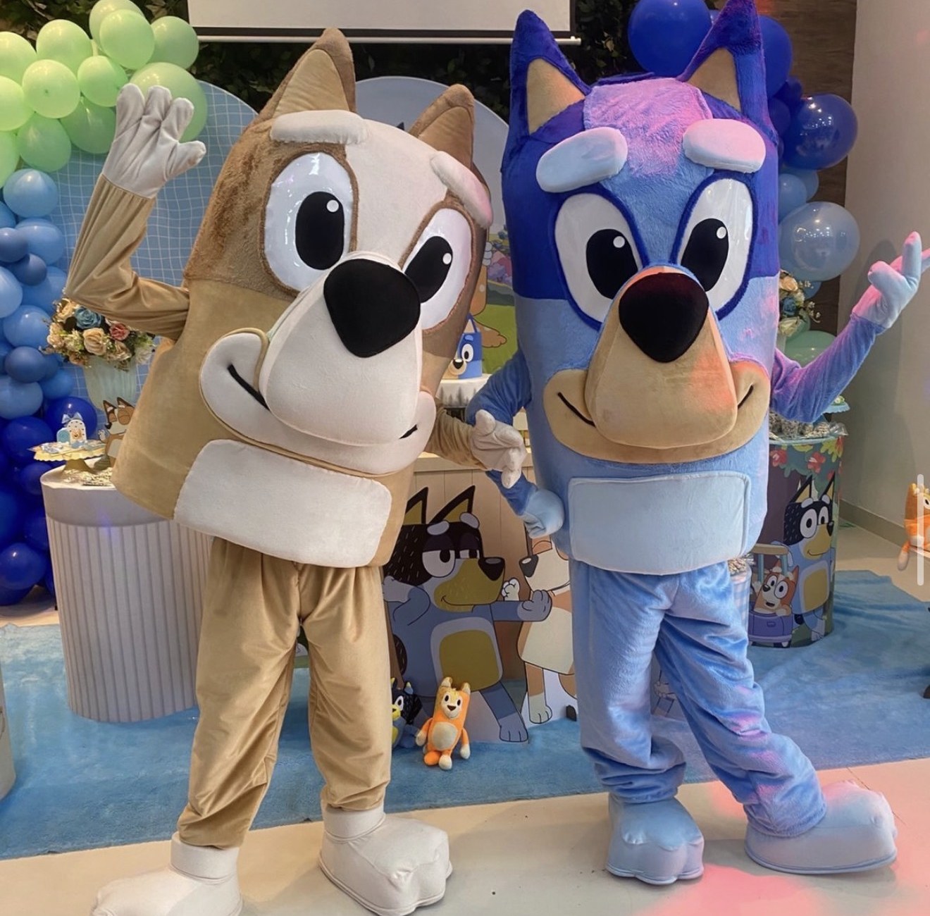 Mascotes das cachorrinhas azul e caramelo de mãos dadas na festa
