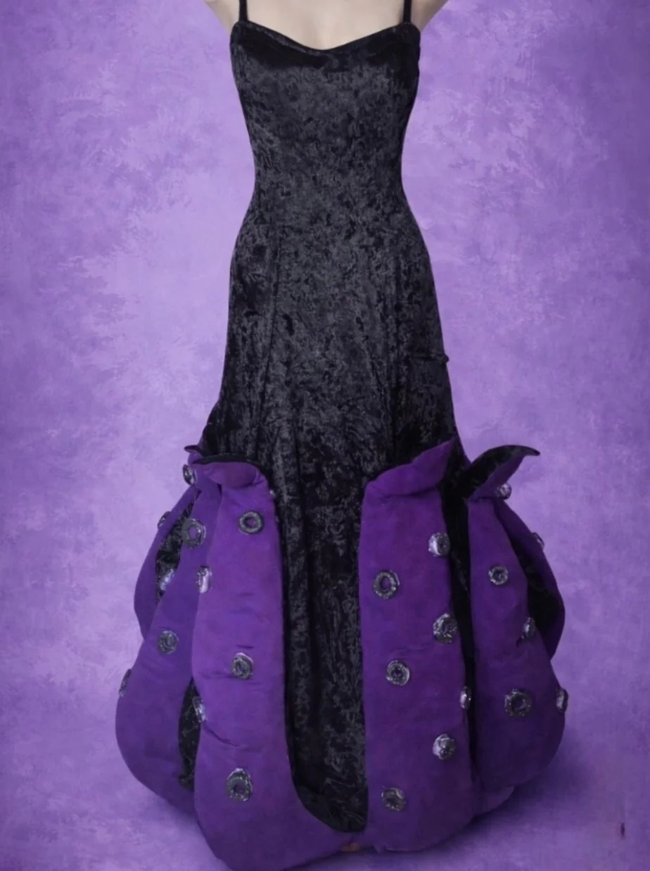 Detalhe da fantasia: o vestido de veludo preto e os tentáculos roxos com ventosas